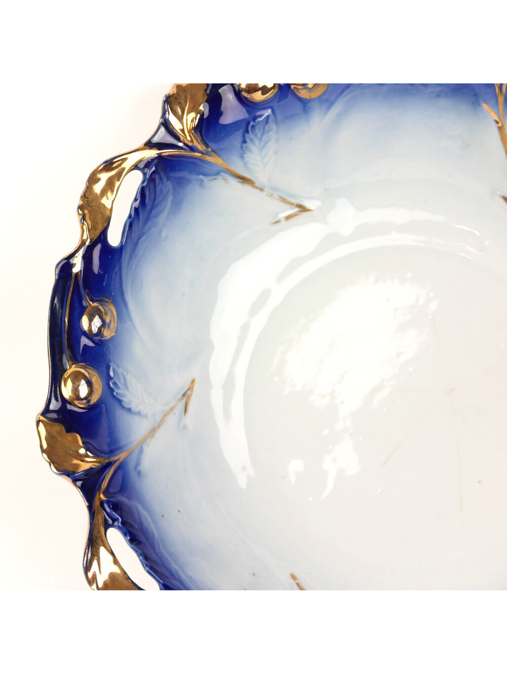 Antique Flow Blue Porcelain Bowl 10.4" Gold Gilt Embossed Cherries Openwork Rim - Picture 8 of 12